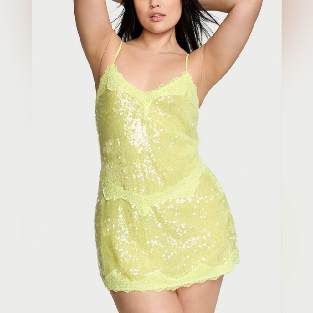 NWT Victoria's Secret Very Sexy Yellow Sequin Sparkly Mini Slip Dress size Large